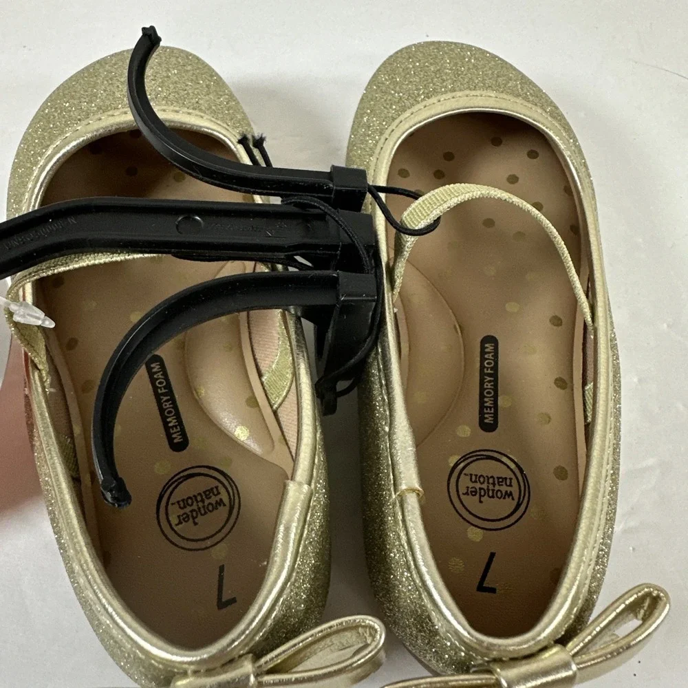 Girls Size 7 Wonder Nation Gold Glitter Shoes‎ Flat Ballet Dance Wedding New